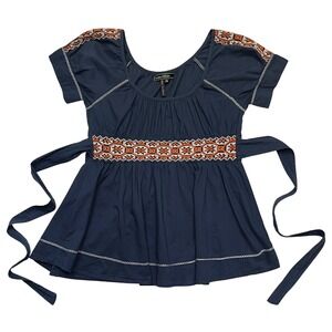 Love Stitch Blue Orange 100% Cotton Embroidered Y2K Babydoll Top Size M